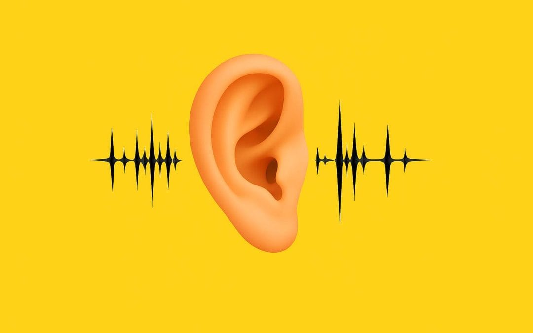 Another similar yellow ear graphic with soundwave lines, possibly for a hearing-related service.